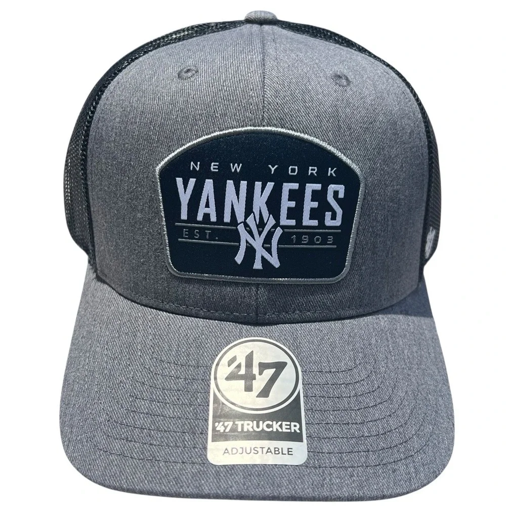 NY Yankees Baseball '47 Brand Gray Black Logo Trucker Adjustable SnapBack Hat